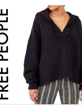 Free People Oversized Marlin Deep V Black Ribbed Pullover Sweater